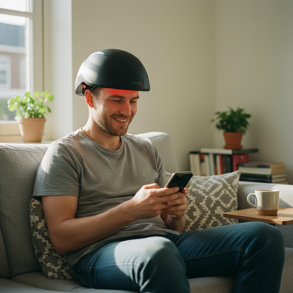 Man wearing Lascure helmet on sofa