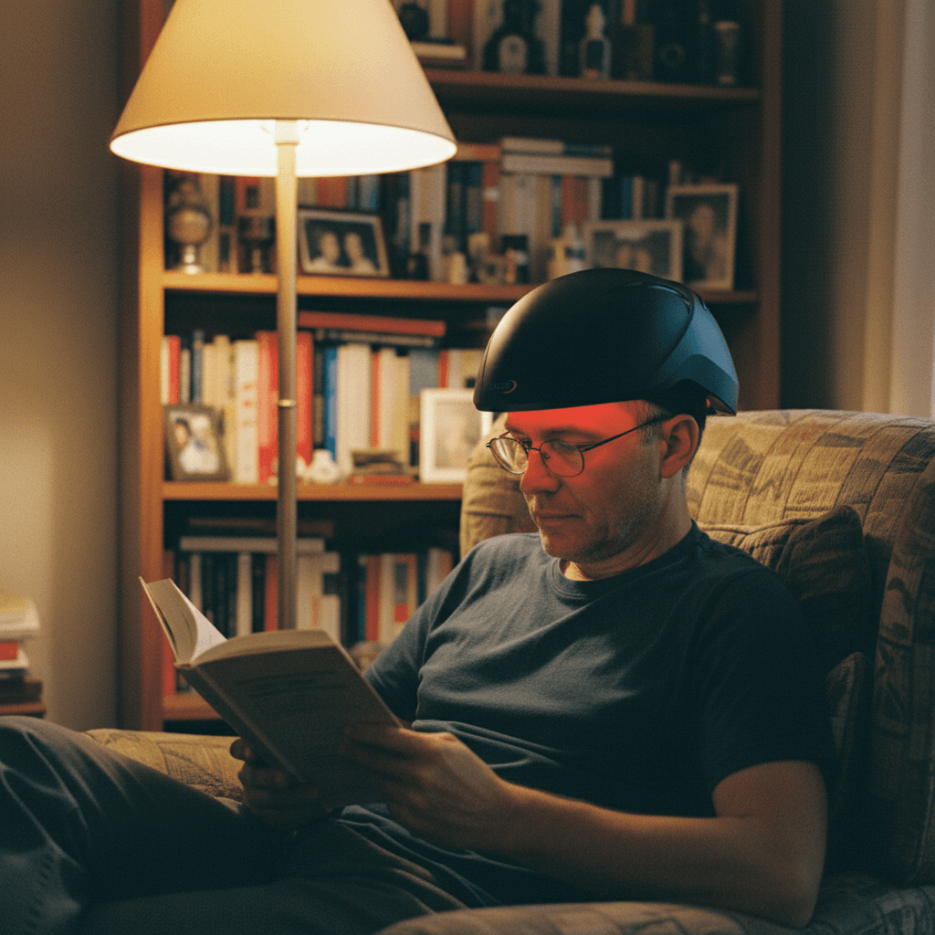Man wearing Lascure helmet while reading