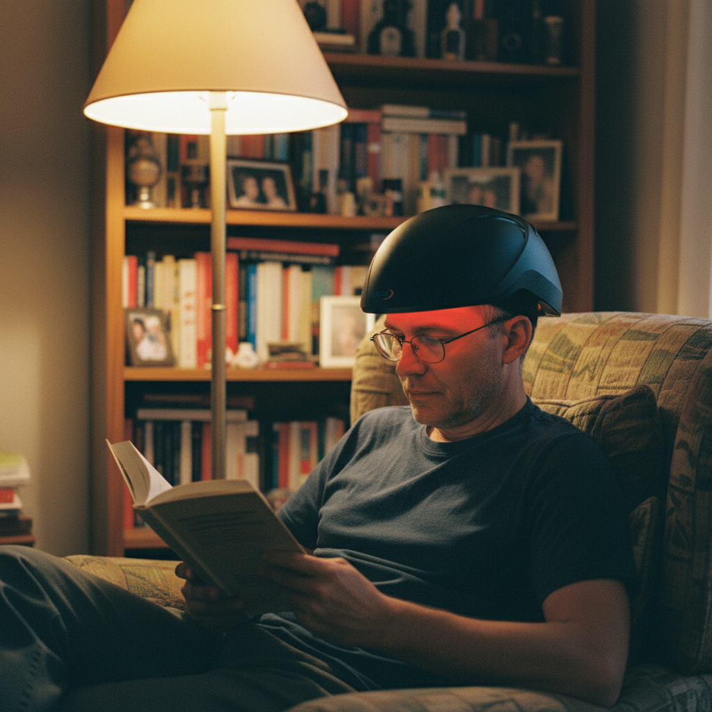 Man wearing Lascure helmet while reading