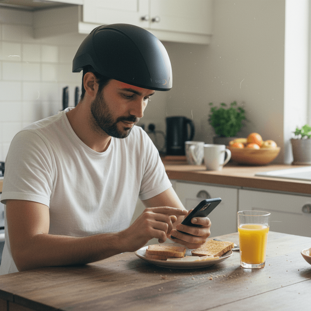 Man wearing Lascure helmet at breakfast