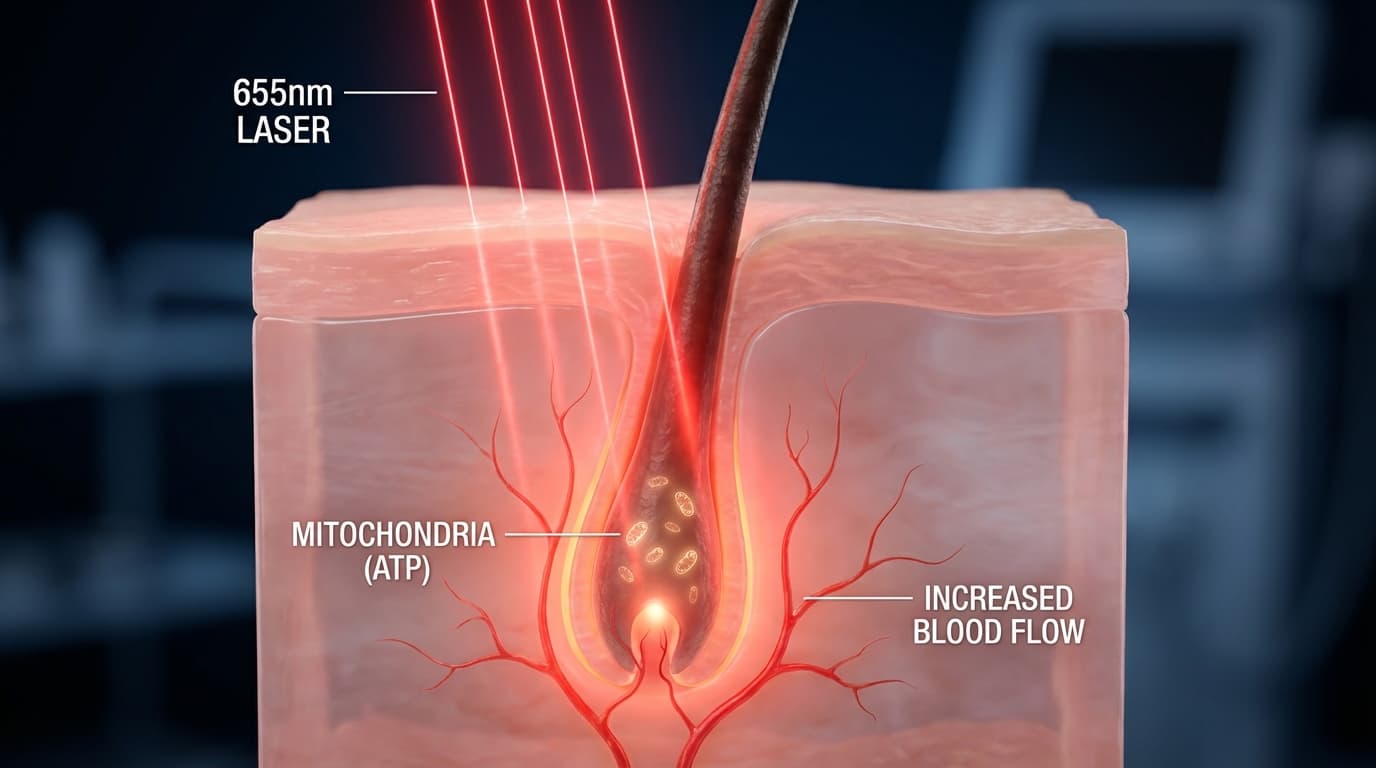 Hoe 655nm laserlicht de hoofdhuid binnendringt om mitochondriën te activeren en bloedstroom rond de haarfollikel te verhogen