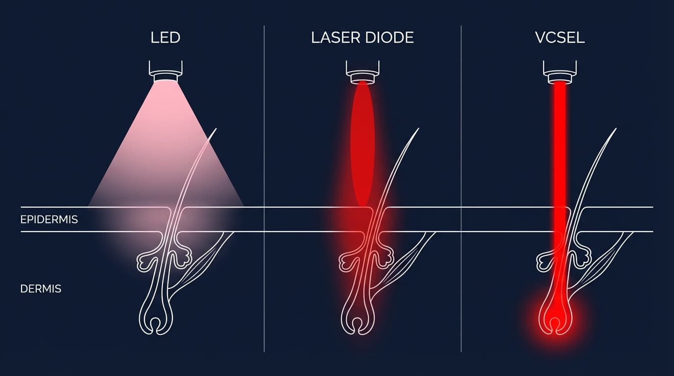 Bundelvergelijking: LED verspreidt aan het oppervlak, laserdiode is gedeeltelijk gefocust, VCSEL-bundel bereikt haarfollikeldiepte