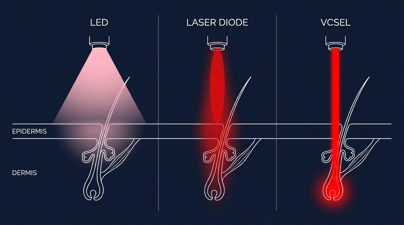 Beam comparison: LED scatters at the surface, laser diode is partially focused, VCSEL beam reaches hair follicle depth