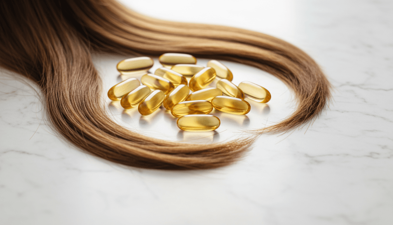 Biotine supplementcapsules op een marmeren ondergrond naast gezond glanzend haar