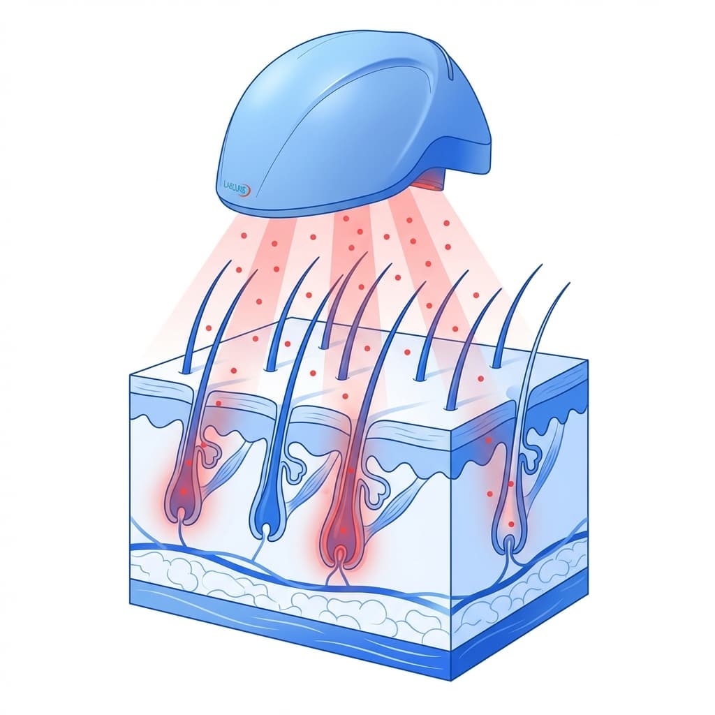 Illustratie van LLLT-laserlicht dat een haarfollikel bereikt en stimuleert