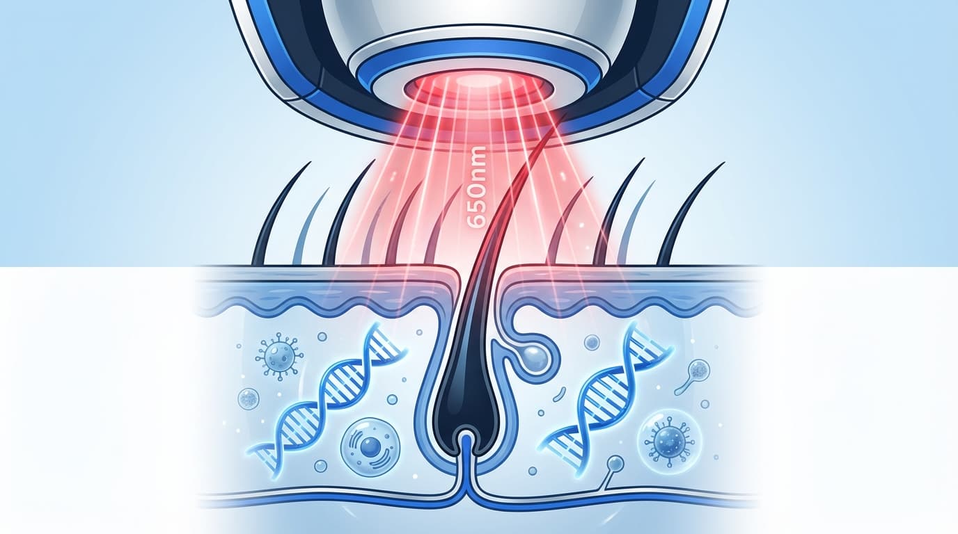 Illustratie van rood laserlicht dat een haarfollikel stimuleert op cellulair niveau