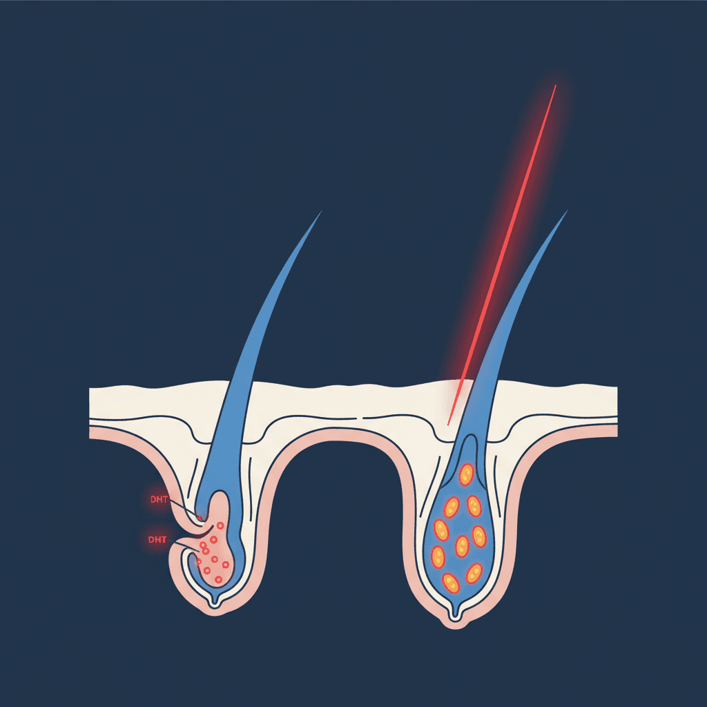 Wetenschappelijke doorsnede van een haarfollikel waarbij DHT-moleculen aan de androgeenreceptoren binden en de follikel krimpt, met een rood 650 nm laserstraal die de mitochondriën in de follikelcellen activeert