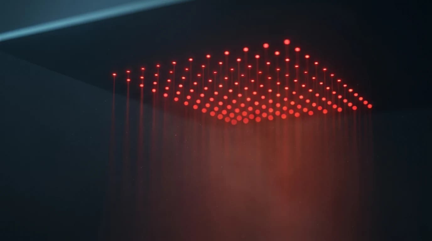 Close-up van een laserhelm met rood 650nm laserlicht dat de hoofdhuid bestraalt