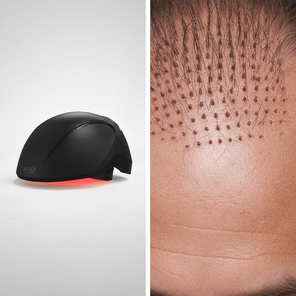 Vergelijking laserhelm LLLT links versus haartransplantatie rechts